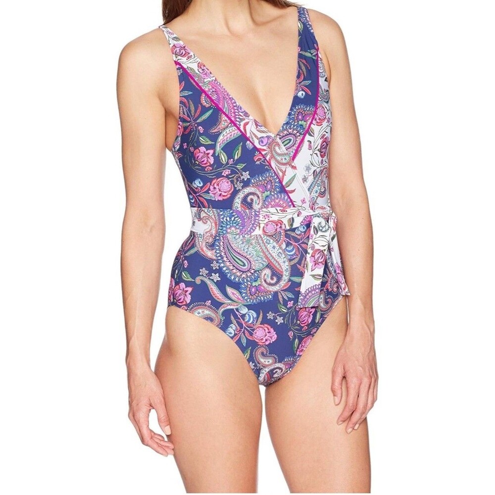La Blanca One Piece Swimsuit Multi Strap Cross Tie Floral Purple Paisley Gypsy